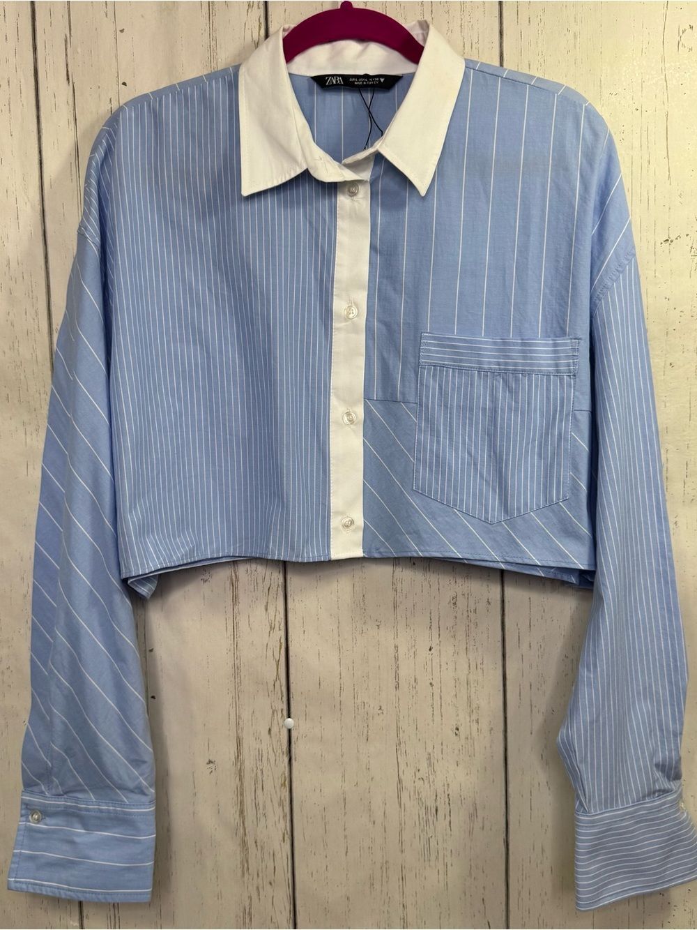 Zara Blue White Striped Cropped Button Down Shirt Preppy Old Money Coastal Chic